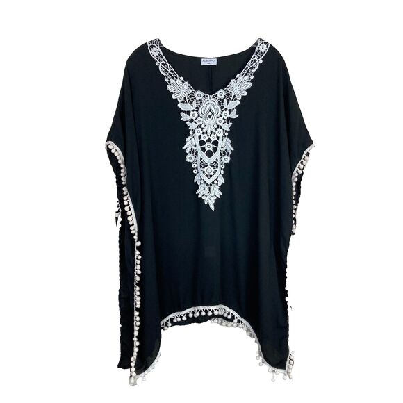 Adreamly Women's Swimsuit Coverup Top Size M/L  Black White Embroidery Pom Poms - Picture 1 of 5